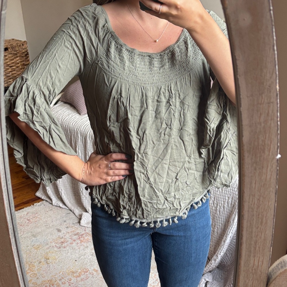 Altar'd State Sage Green Blouse with Tassel Detail